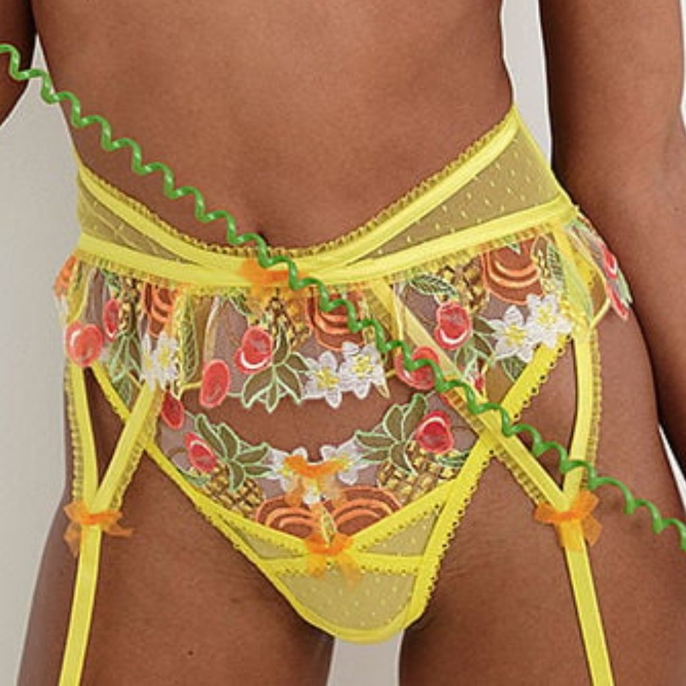 VS 2 Piece Set For Love & Lemons Thong & Garter Belt Multi Fruit Yellow NWT - Picture 10 of 16